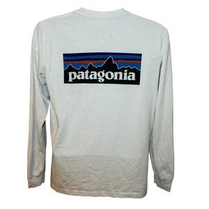 Patagonia Mens Medium P-6 Logo Responsibili-Tee White Long Sleeve Crew Neck
